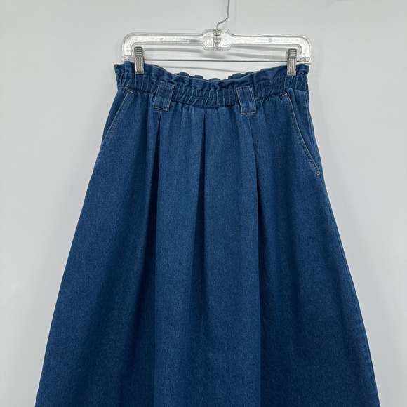 Vintage Denim Skirt Medium Pleated Pockets Elastic High Waist Quiet Luxury USA - Picture 2 of 7
